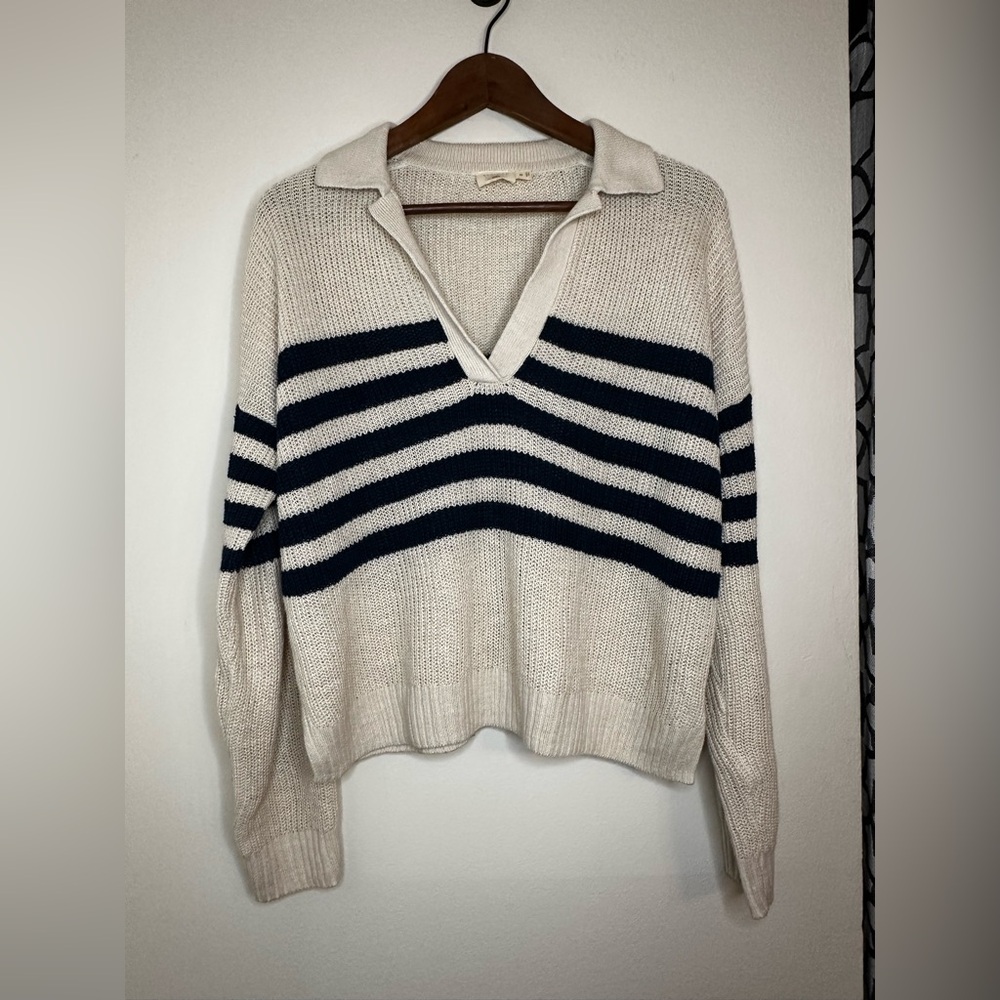 Faherty Cream and Black V-Neck Sweater